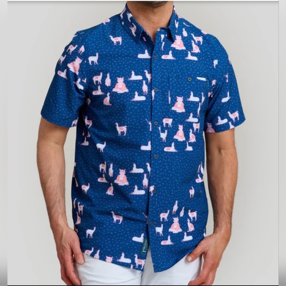 William Murray Llama Button Down Golf Perforance Shirt Blue Pink XL Mens
